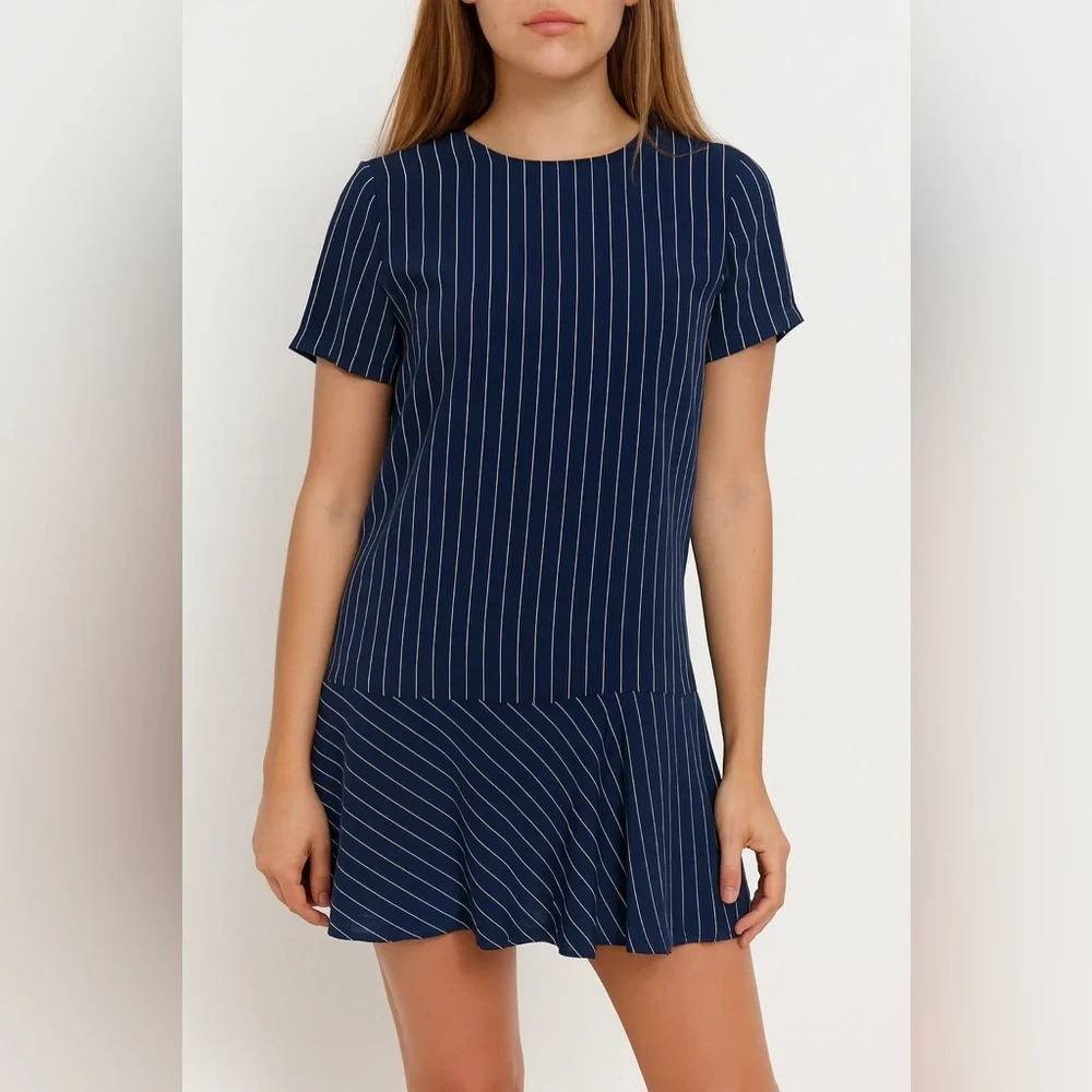 Amour Vert Pin Stripe Ruffle Hem Silk Mini Dress In Navy Blue Size S - Picture 1 of 9